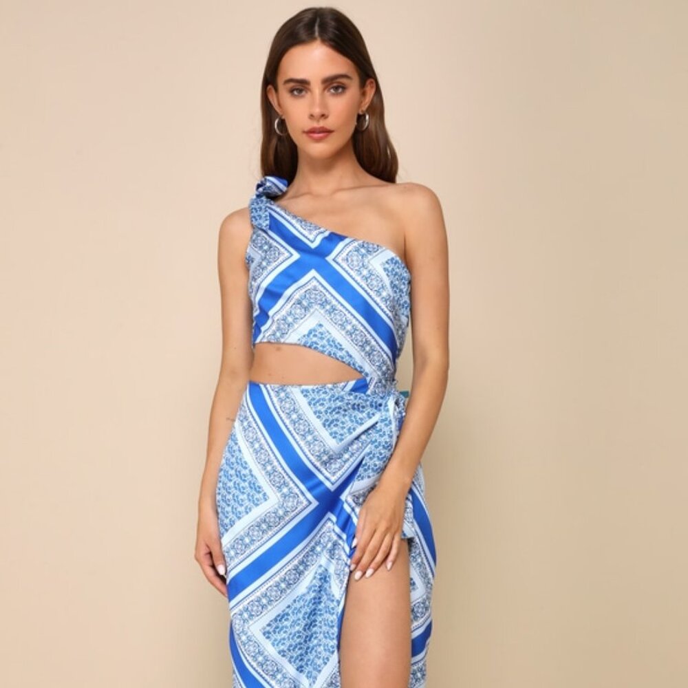 Lulus Vacay Beauty Blue Scarf Print One-shoulder Tie-strap Midi Dress - Size S